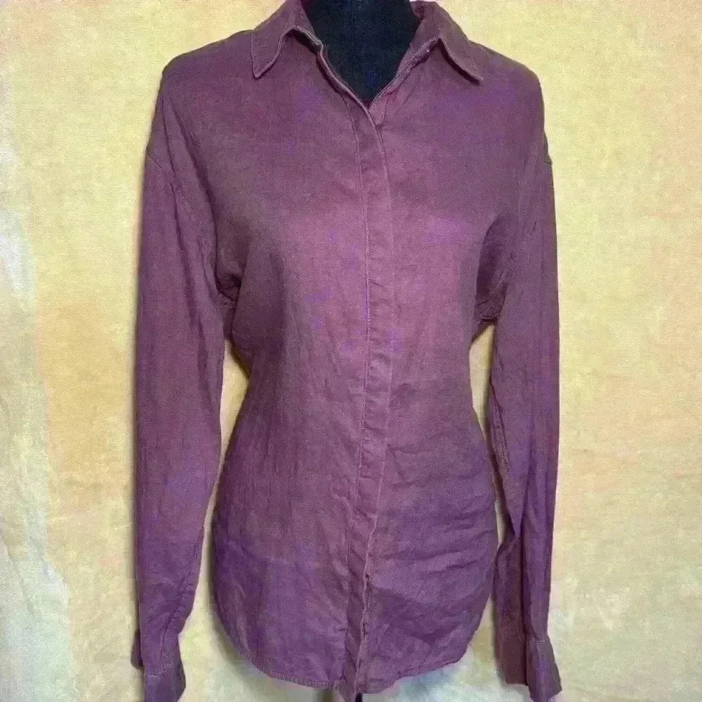 100% Linen Athleta Heather Plum Classic Aesthetic Button Down Tops E08